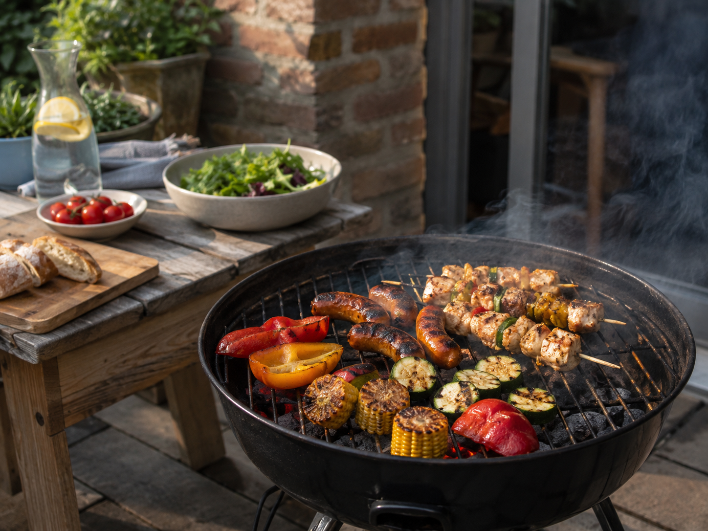 Barbecue d’été avec brochettes, saucisses et légumes grillés