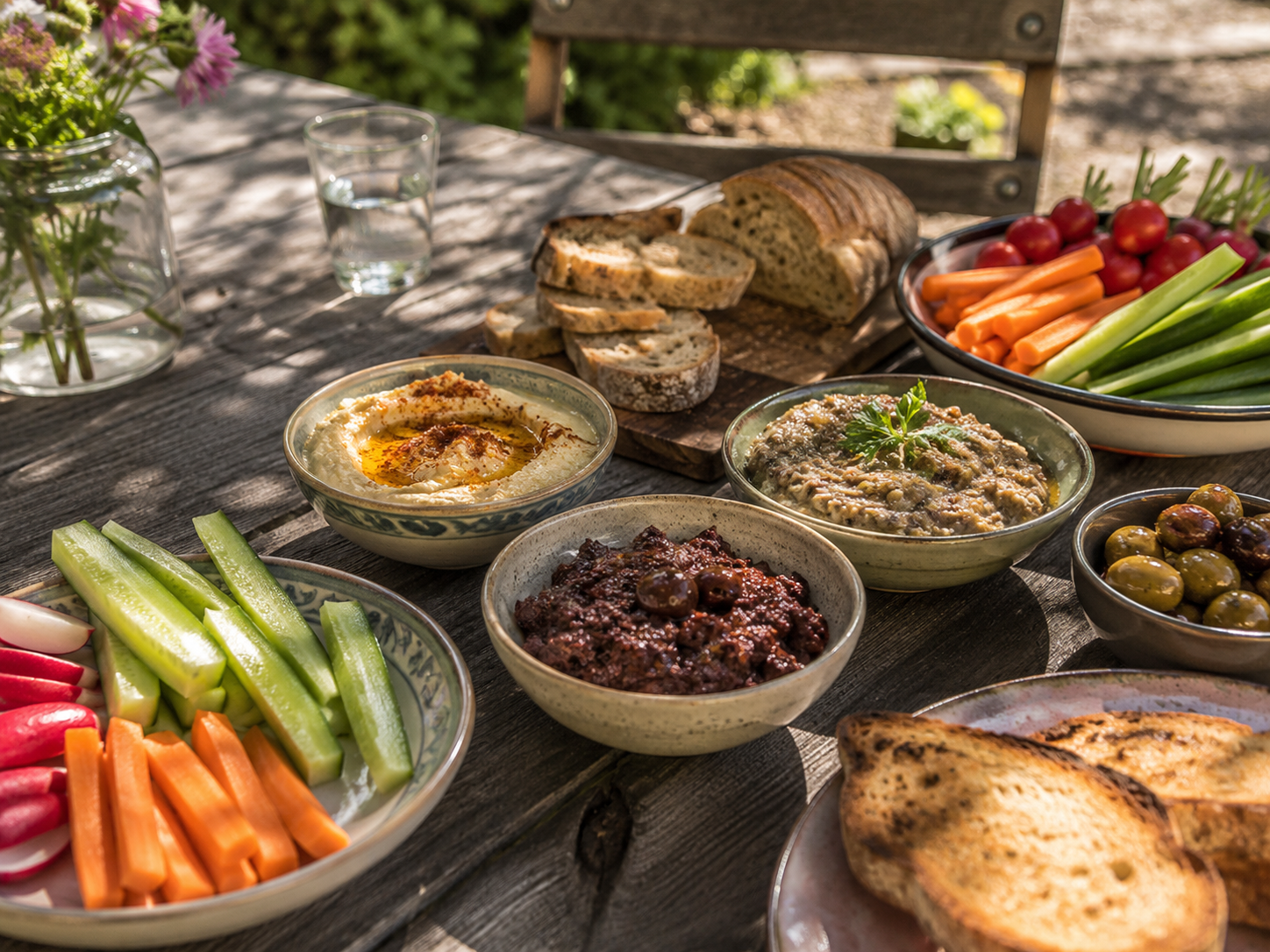 Apéritif d’été avec tartinades, verrines et légumes frais