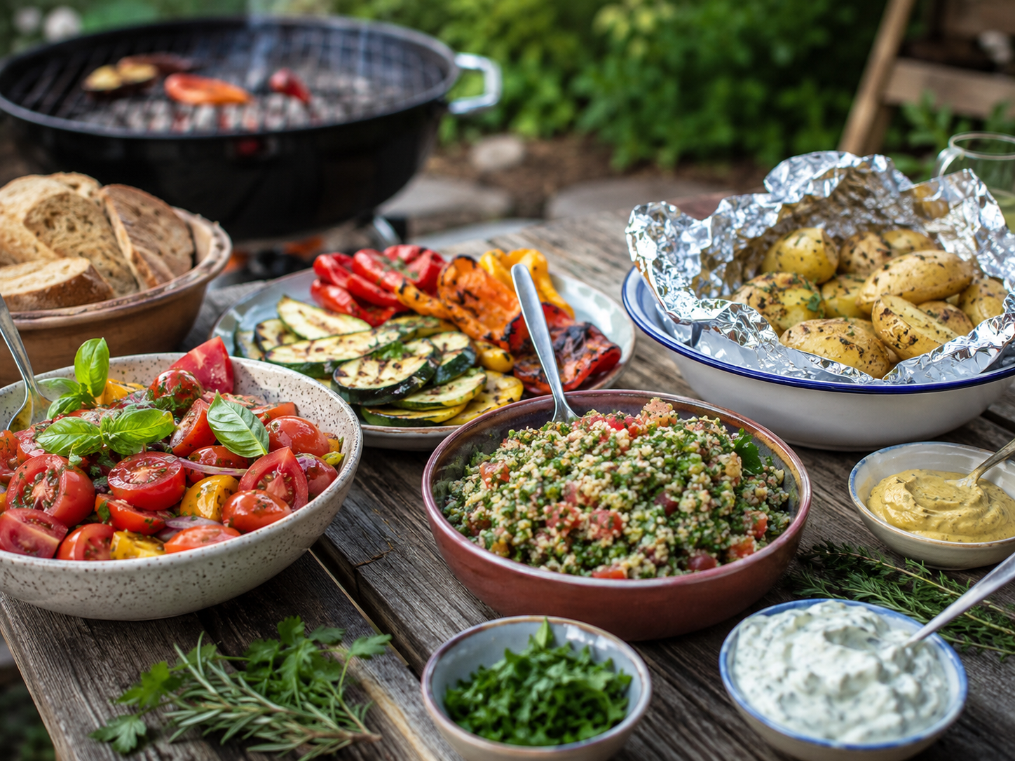 Accompagnements d’été pour barbecue avec salades et légumes grillés